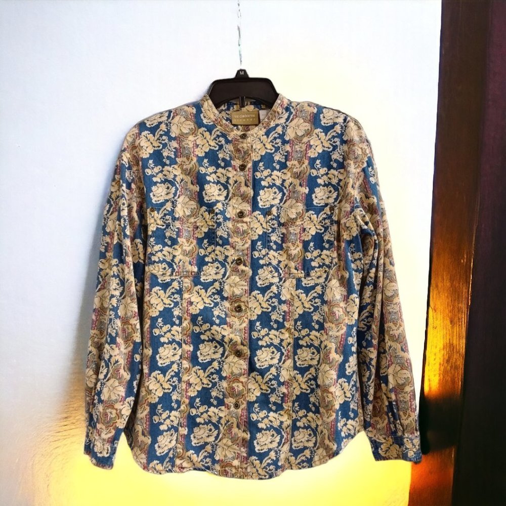 Vintage 90’s Liz Claiborne Lizwear Denim Paisley Floral Women's Blouse Sz M